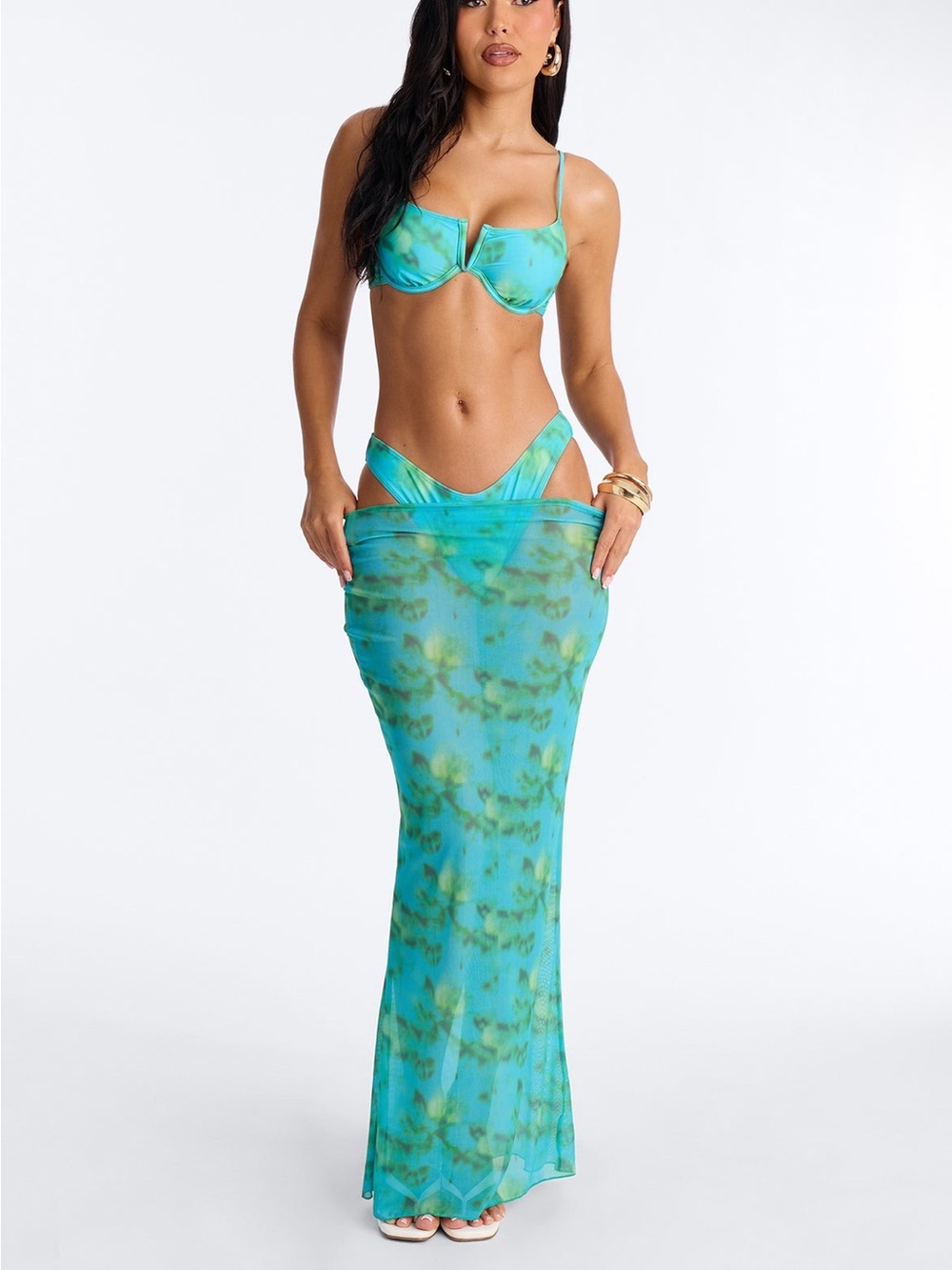 Women’s Turquoise Tie-Dye Bikini Set with Sheer Maxi Cover-Up